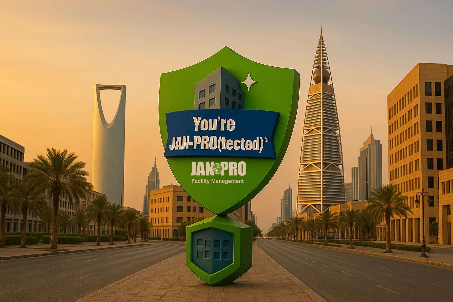 Sunlit, spotless corporate lobby with a Saudi city skyline